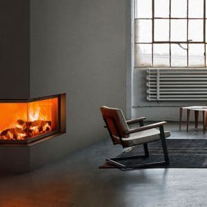 Foyer cheminée bois MCZ plasma-95dx angle vitré porte relevable cheminées jouvin vitré