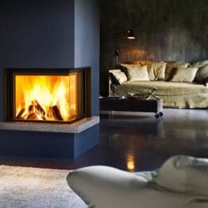 cheminée foyer bois MCZ plasma 75 DX angle vitré porte relevable
